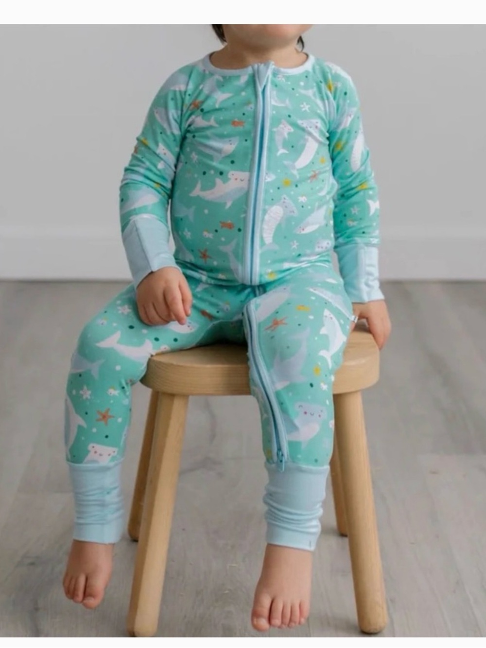 Little Sleepies Mint Shark Print Zip One-Piece Footie